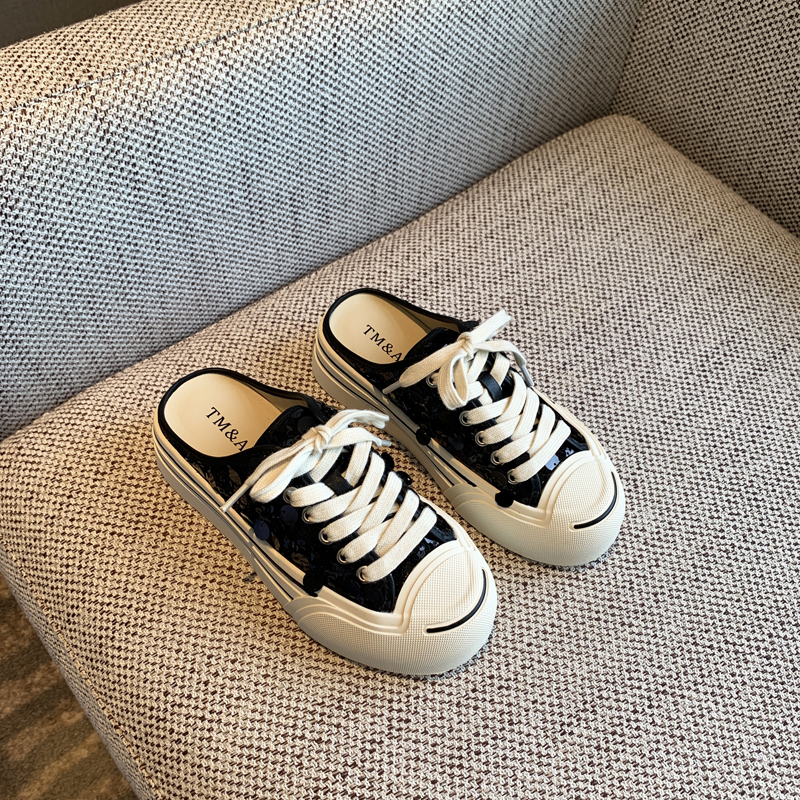 Women's Lace-Up Sequined Baotou Slippers, 2025 New Style, Thick-Soled Casual Little White Half-Drag, Versatile Footwear Women's Lace-Up Sequined Baotou Slippers, 2025 New Style, Thick-Soled Casual Little White Half-Drag, Versatile Footwear