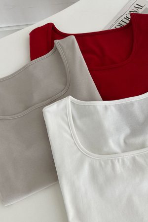 Women's Light Fabric Short Sleeve Square Neck T-Shirt - Solid Color, High Waist Slim Fit, Off-Shoulder Style for Spring/Summer