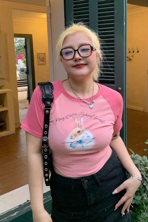 Women's Little Rabbit Graphic T-Shirt - Round Neck, Short Sleeve, Summer Loose Fit, Flattering Casual Top