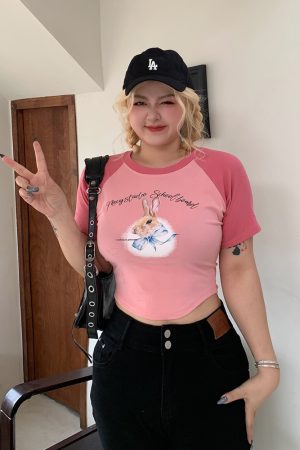 Women's Little Rabbit Graphic T-Shirt - Round Neck, Short Sleeve, Summer Loose Fit, Flattering Casual Top