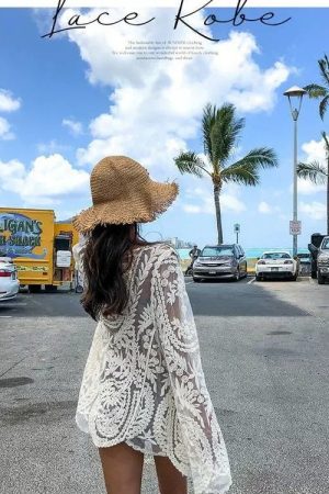 Women's Long Sleeve Bikini Cover-Up Coat - Hollow Lace Sun Protection Cardigan for Beach Vacation & Hot Springs