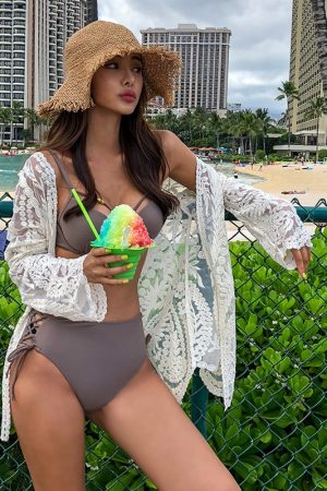 Women's Long Sleeve Bikini Cover-Up Coat - Hollow Lace Sun Protection Cardigan for Beach Vacation & Hot Springs