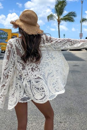 Women's Long Sleeve Bikini Cover-Up Coat - Hollow Lace Sun Protection Cardigan for Beach Vacation & Hot Springs