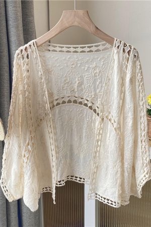 Women's Long Sleeve Sun Protection Shirt Jacket - Summer Knit Lace Cover-Up, Lightweight Shawl Top for Skirts and Dresses