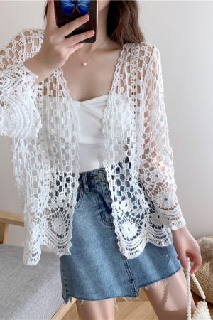 Women's Long Sleeve Sun Protection Shirt Jacket - Summer Knit Lace Cover-Up, Lightweight Shawl Top for Skirts and Dresses