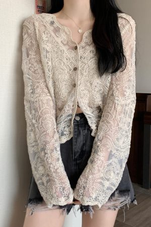 Women's Long Sleeve Sun Protection Shirt Jacket - Summer Knit Lace Cover-Up, Lightweight Shawl Top for Skirts and Dresses