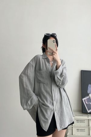 Women's Long Sleeve Tie-Dye Shirt with Lapel, Sun Grapefruit Summer Texture, Elegant Loose Fit, Casual Sun-Protective Style