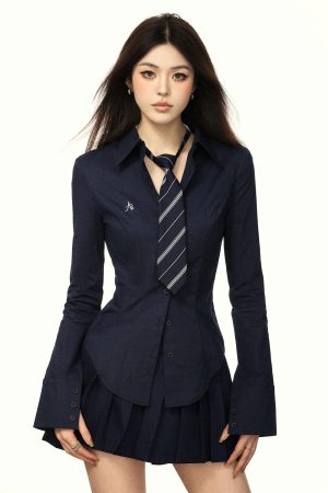 Women's Long Sleeve Waist-Cinching Shirt - American Style, College Fit, Spicy Girl Design for Spring & Autumn 2025