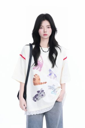 Women's Loose Cute Fake Two-Piece Lace Spliced Cat Graffiti Short Sleeve T-Shirt - Trendy Y2K Style