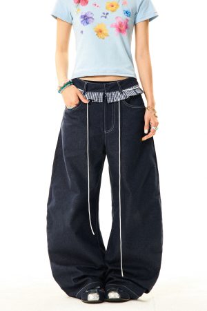 Women's Loose Wide-Leg Patchwork Plaid Ruffled Edge Curved Blade Jeans - American Style Fashion