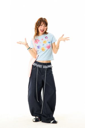 Women's Loose Wide-Leg Patchwork Plaid Ruffled Edge Curved Blade Jeans - American Style Fashion