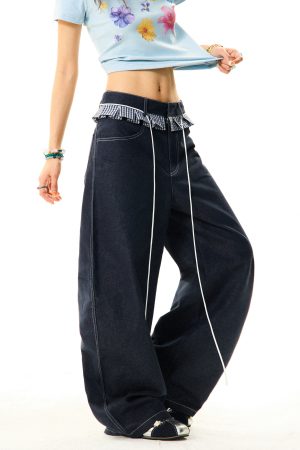 Women's Loose Wide-Leg Patchwork Plaid Ruffled Edge Curved Blade Jeans - American Style Fashion