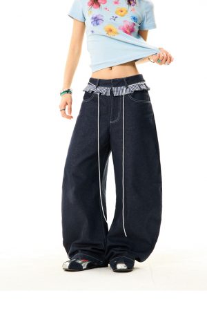 Women's Loose Wide-Leg Patchwork Plaid Ruffled Edge Curved Blade Jeans - American Style Fashion