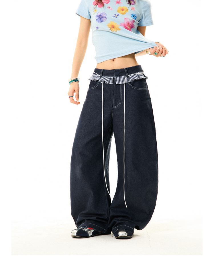 Women's Loose Wide-Leg Patchwork Plaid Ruffled Edge Curved Blade Jeans - American Style Fashion Women's Loose Wide-Leg Patchwork Plaid Ruffled Edge Curved Blade Jeans - American Style Fashion