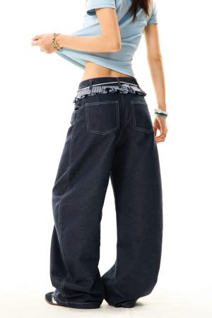 Women's Loose Wide-Leg Patchwork Plaid Ruffled Edge Curved Blade Jeans - American Style Fashion