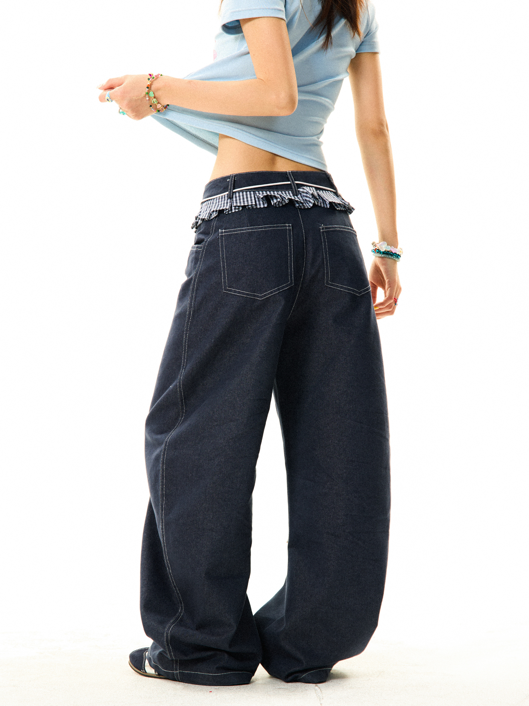 Women's Loose Wide-Leg Patchwork Plaid Ruffled Edge Curved Blade Jeans - American Style Fashion Women's Loose Wide-Leg Patchwork Plaid Ruffled Edge Curved Blade Jeans - American Style Fashion