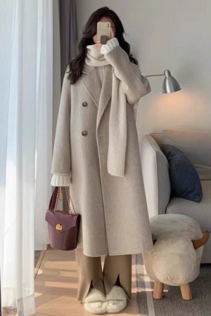 Women's Mid-Length Down Jacket with Cashmere Lining, 2024 Winter Thick Woolen Overcoat in Oatmeal Color