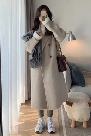 Women's Mid-Length Down Jacket with Cashmere Lining, 2024 Winter Thick Woolen Overcoat in Oatmeal Color