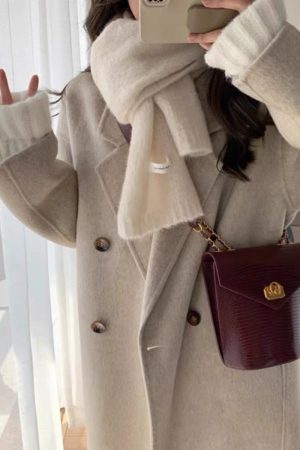 Women's Mid-Length Down Jacket with Cashmere Lining, 2024 Winter Thick Woolen Overcoat in Oatmeal Color