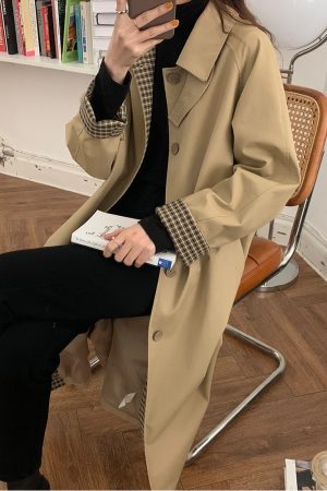 Women's Mid-Length Trench Coat - 2025 Spring Autumn Plaid Chic Style, Small Size, Korean Fashion for Early Fall