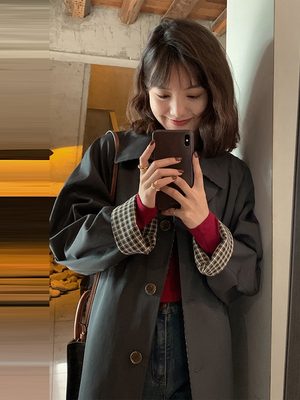 Women's Mid-Length Trench Coat - 2025 Spring Autumn Plaid Chic Style, Small Size, Korean Fashion for Early Fall