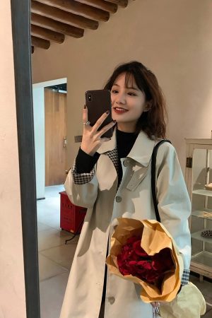 Women's Mid-Length Trench Coat - 2025 Spring Autumn Plaid Chic Style, Small Size, Korean Fashion for Early Fall