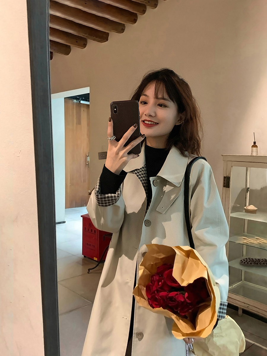 Women's Mid-Length Trench Coat - 2025 Spring Autumn Plaid Chic Style, Small Size, Korean Fashion for Early Fall Women's Mid-Length Trench Coat - 2025 Spring Autumn Plaid Chic Style, Small Size, Korean Fashion for Early Fall