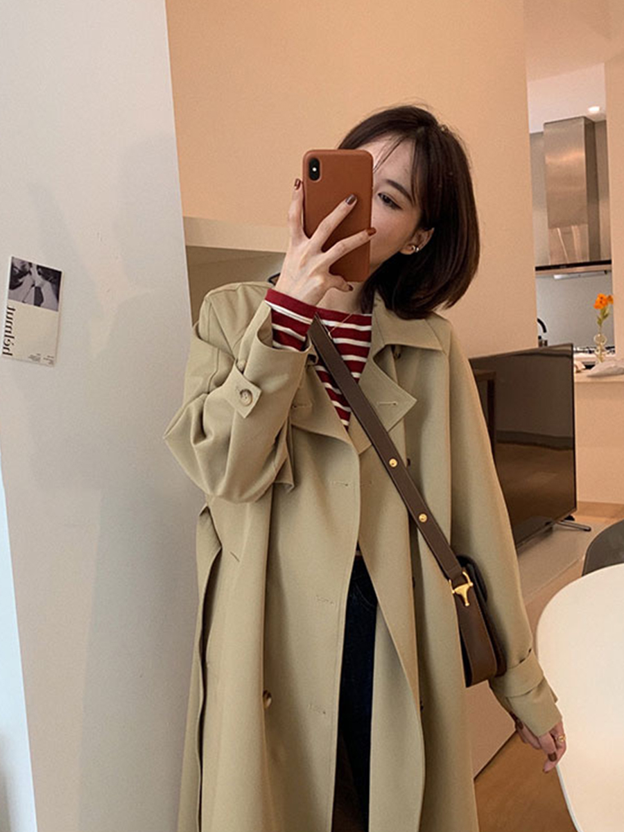 Women's Mid-Length Trench Coat in Khaki - Petite Size, 2024 Korean Style, British-Inspired for Spring and Autumn Fashion Women's Mid-Length Trench Coat in Khaki - Petite Size, 2024 Korean Style, British-Inspired for Spring and Autumn Fashion