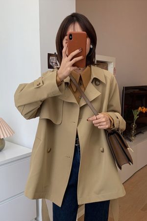 Women's Mid-Length Trench Coat in Khaki - Petite Size, 2024 Korean Style, British-Inspired for Spring and Autumn Fashion