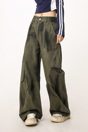Women's Military Green Loose Straight Wide-Leg Casual Flared Jazz Dance Pants - Comfortable Work Pants for Y2K Style