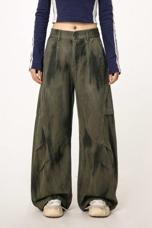 Women's Military Green Loose Straight Wide-Leg Casual Flared Jazz Dance Pants - Comfortable Work Pants for Y2K Style