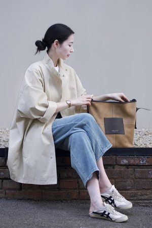 Women's Minimalist Casual Trench Coat for Petite - 2025 Spring Autumn Japanese Workwear with Luxe Feel