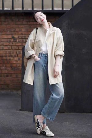 Women's Minimalist Casual Trench Coat for Petite - 2025 Spring Autumn Japanese Workwear with Luxe Feel