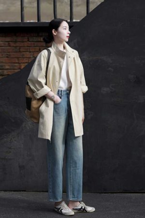 Women's Minimalist Casual Trench Coat for Petite - 2025 Spring Autumn Japanese Workwear with Luxe Feel