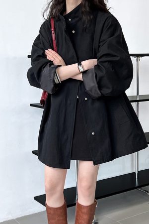Women's Minimalist Casual Trench Coat for Petite - 2025 Spring Autumn Japanese Workwear with Luxe Feel