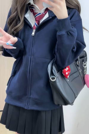 Women's Navy Blue Loose Hooded Sweatshirt, Wine Red Thick Zip-Up Cardigan, Light Gray JK Jacket for Spring & Autumn Fashion