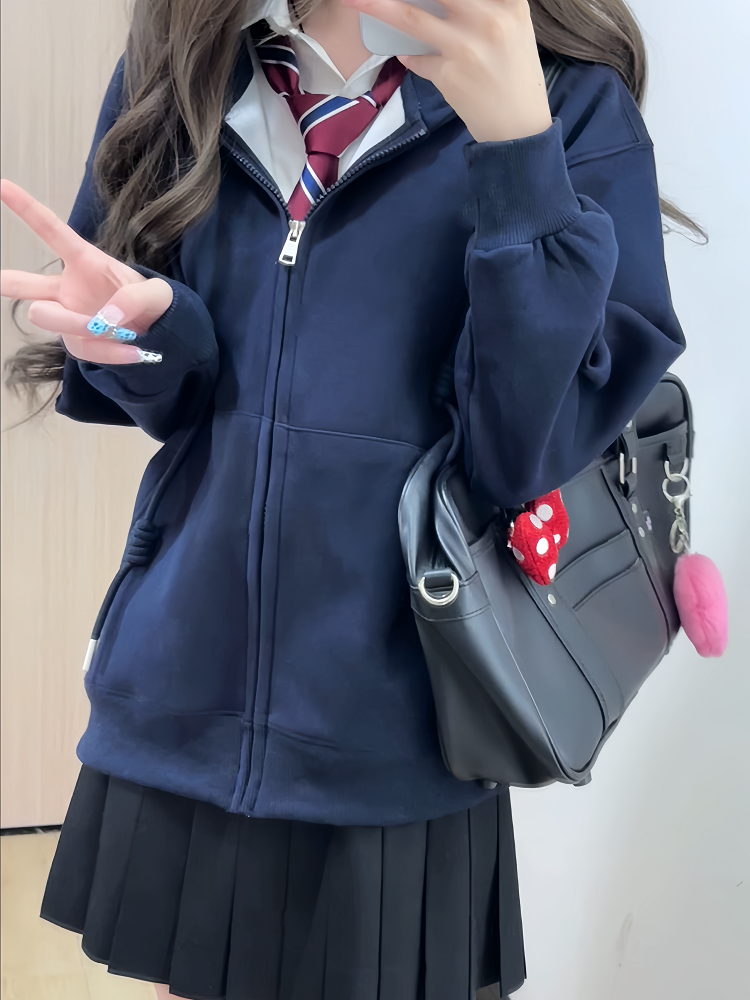 Women's Navy Blue Loose Hooded Sweatshirt, Wine Red Thick Zip-Up Cardigan, Light Gray JK Jacket for Spring & Autumn Fashion Women's Navy Blue Loose Hooded Sweatshirt, Wine Red Thick Zip-Up Cardigan, Light Gray JK Jacket for Spring & Autumn Fashion