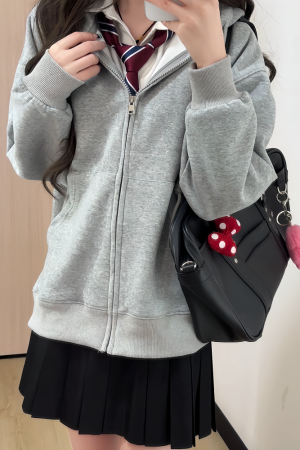 Women's Navy Blue Loose Hooded Sweatshirt, Wine Red Thick Zip-Up Cardigan, Light Gray JK Jacket for Spring & Autumn Fashion