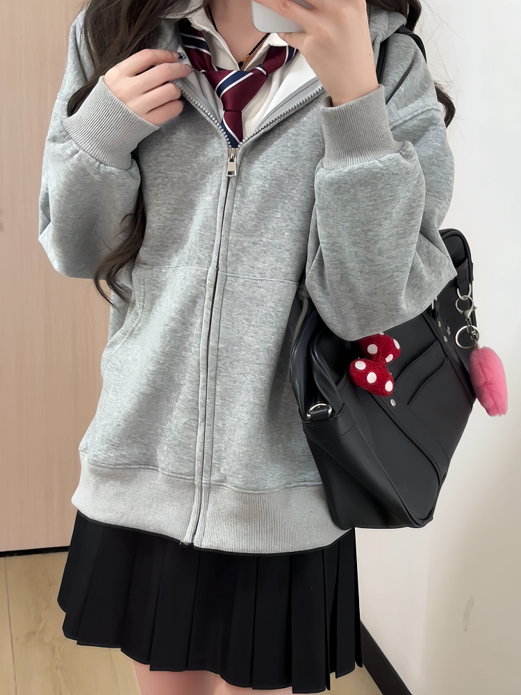 Women's Navy Blue Loose Hooded Sweatshirt, Wine Red Thick Zip-Up Cardigan, Light Gray JK Jacket for Spring & Autumn Fashion Women's Navy Blue Loose Hooded Sweatshirt, Wine Red Thick Zip-Up Cardigan, Light Gray JK Jacket for Spring & Autumn Fashion