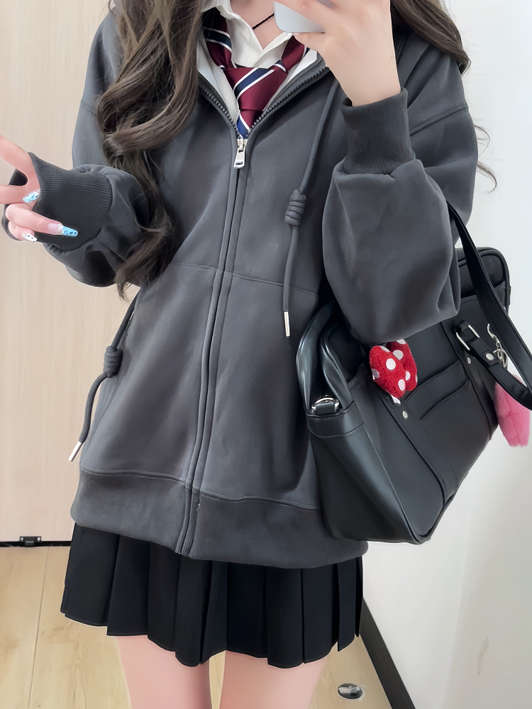 Women's Navy Blue Loose Hooded Sweatshirt, Wine Red Thick Zip-Up Cardigan, Light Gray JK Jacket for Spring & Autumn Fashion Women's Navy Blue Loose Hooded Sweatshirt, Wine Red Thick Zip-Up Cardigan, Light Gray JK Jacket for Spring & Autumn Fashion