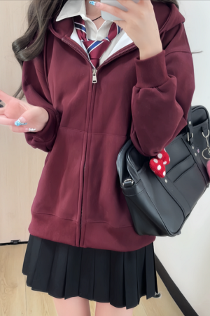 Women's Navy Blue Loose Hooded Sweatshirt, Wine Red Thick Zip-Up Cardigan, Light Gray JK Jacket for Spring & Autumn Fashion
