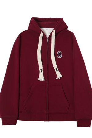 Women's Navy Blue Loose Hooded Sweatshirt, Wine Red Thick Zip-Up Cardigan, Light Gray JK Jacket for Spring & Autumn Fashion