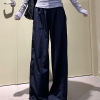 Women's Navy Blue Wide-Leg High-Waisted Casual Work Pants - 2025 Summer American Style Loose Fit Sports Trousers