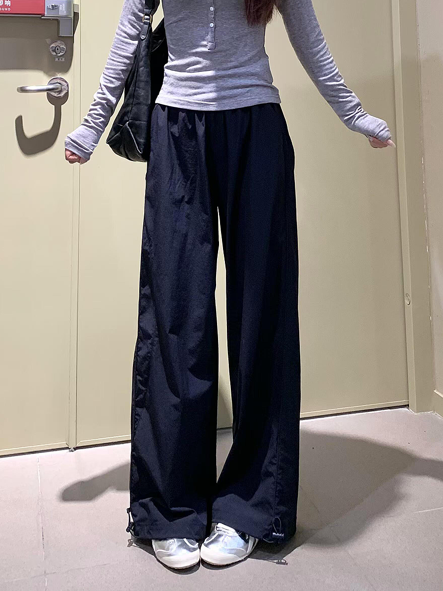 Women's Navy Blue Wide-Leg High-Waisted Casual Work Pants - 2025 Summer American Style Loose Fit Sports Trousers Women's Navy Blue Wide-Leg High-Waisted Casual Work Pants - 2025 Summer American Style Loose Fit Sports Trousers