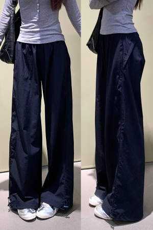 Women's Navy Blue Wide-Leg High-Waisted Casual Work Pants - 2025 Summer American Style Loose Fit Sports Trousers