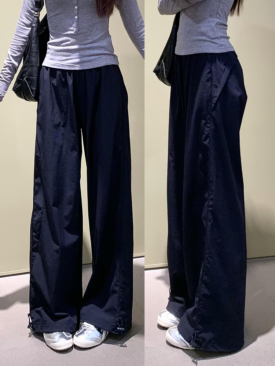 Women's Navy Blue Wide-Leg High-Waisted Casual Work Pants - 2025 Summer American Style Loose Fit Sports Trousers Women's Navy Blue Wide-Leg High-Waisted Casual Work Pants - 2025 Summer American Style Loose Fit Sports Trousers