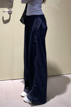 Women's Navy Blue Wide-Leg High-Waisted Casual Work Pants - 2025 Summer American Style Loose Fit Sports Trousers