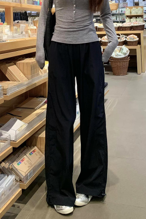 Women's Navy Blue Wide-Leg High-Waisted Casual Work Pants - 2025 Summer American Style Loose Fit Sports Trousers