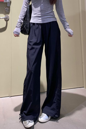 Women's Navy Blue Wide-Leg High-Waisted Casual Work Pants - 2025 Summer American Style Loose Fit Sports Trousers