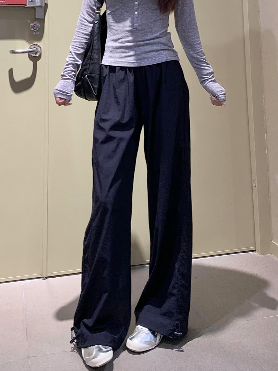 Women's Navy Blue Wide-Leg High-Waisted Casual Work Pants - 2025 Summer American Style Loose Fit Sports Trousers Women's Navy Blue Wide-Leg High-Waisted Casual Work Pants - 2025 Summer American Style Loose Fit Sports Trousers